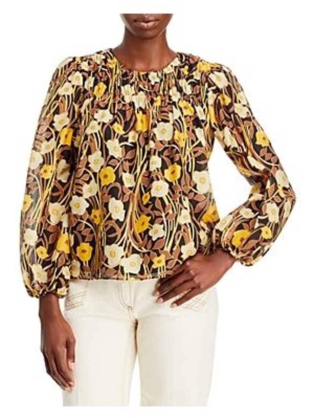 Rebecca Taylor Daphne Fleur Floral Blouse Yellow & Brown Cotton Silk